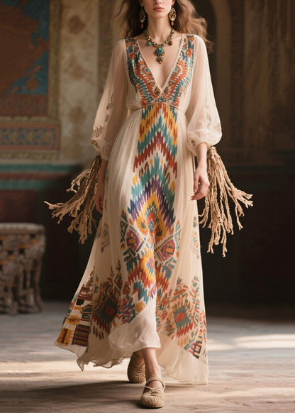 Bohemian Beige Print Draping Chiffon Long Dress Bracelet Sleeve