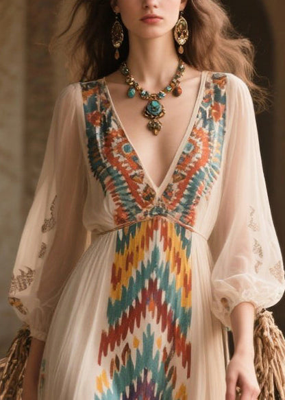 Bohemian Beige Print Draping Chiffon Long Dress Bracelet Sleeve