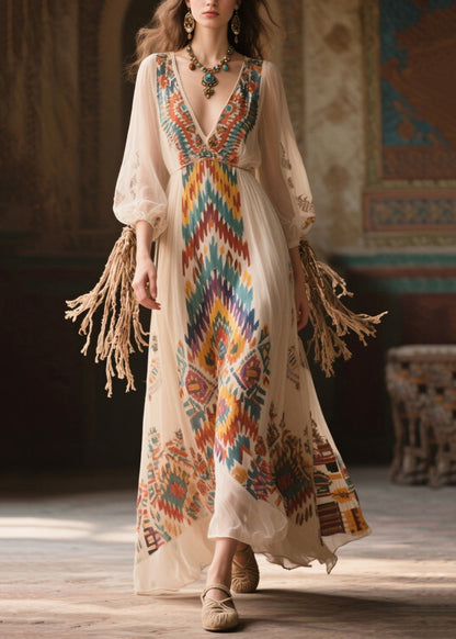Bohemian Beige Print Draping Chiffon Long Dress Bracelet Sleeve