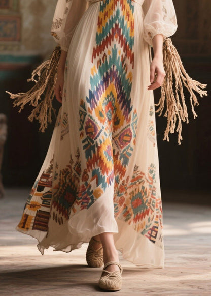 Bohemian Beige Print Draping Chiffon Long Dress Bracelet Sleeve