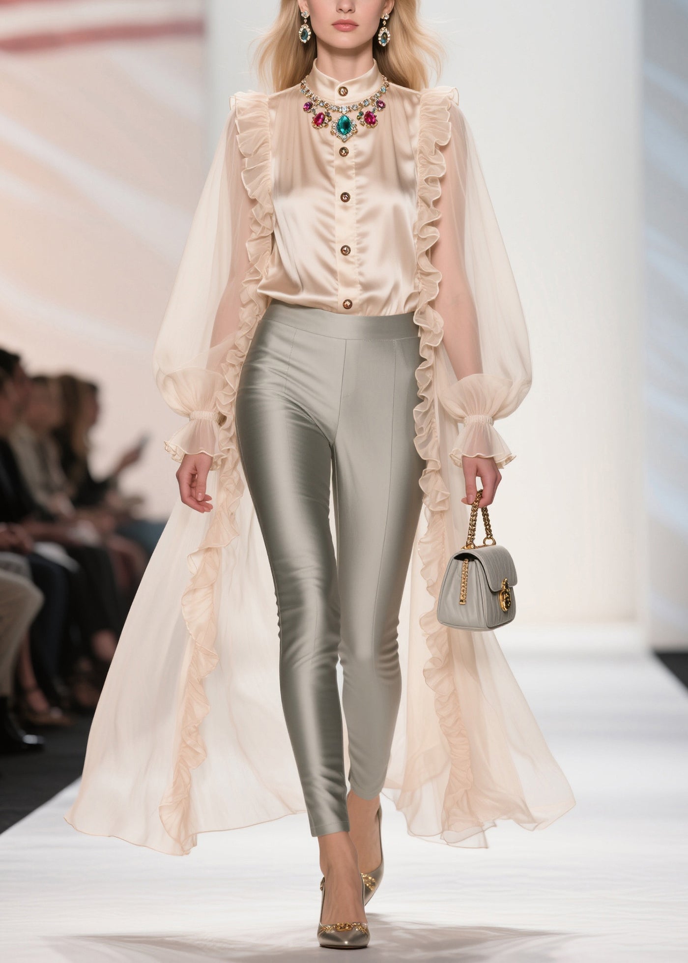 Bohemian Beige Ruffled Patchwork Chiffon Long Tops Summer