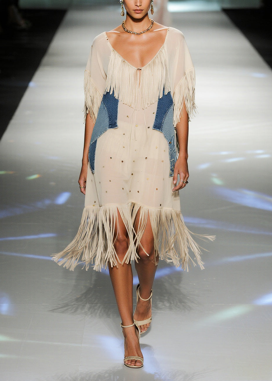 Bohemian Beige Tasseled Patchwork Chiffon Vacation Dress Summer