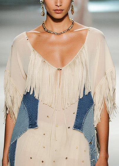 Bohemian Beige Tasseled Patchwork Chiffon Vacation Dress Summer