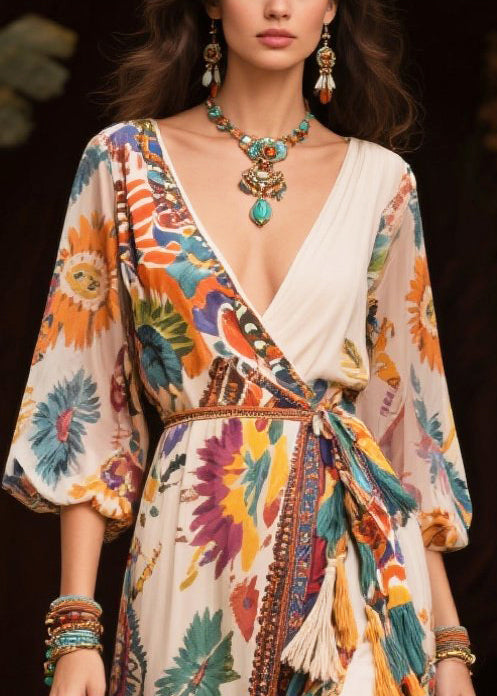 Bohemian Beige Tasseled Print Chiffon Maxi Dresses Lantern Sleeve