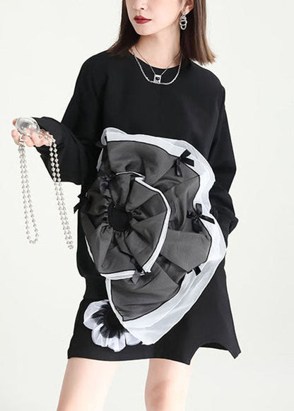 Bohemian Black Asymmetrical Patchwork Tulle Applique Cotton Sweatshirts Dress Fall