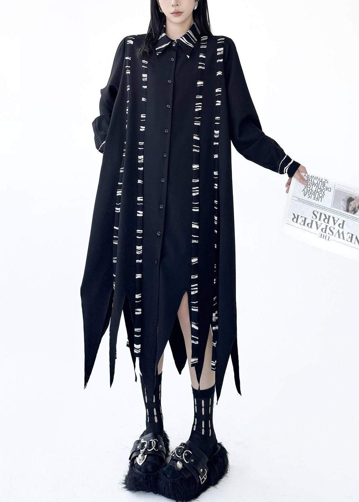 Bohemian Black Asymmetrical Print Cotton Shirt Dresses Fall