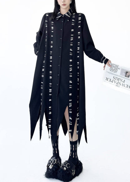 Bohemian Black Asymmetrical Print Cotton Shirt Dresses Fall