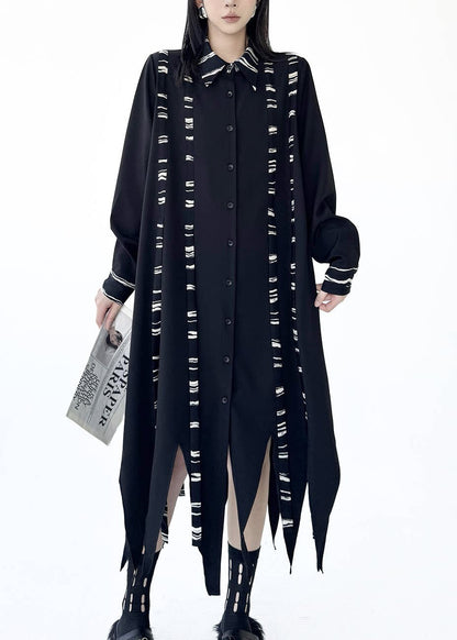 Bohemian Black Asymmetrical Print Cotton Shirt Dresses Fall