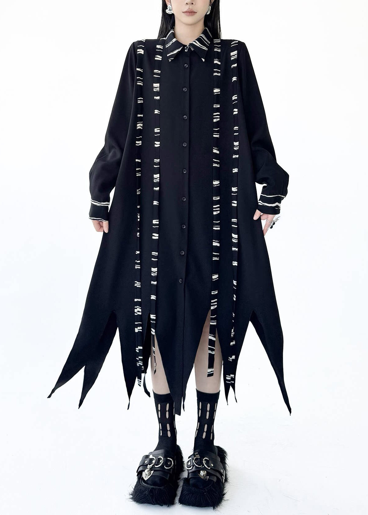 Bohemian Black Asymmetrical Print Cotton Shirt Dresses Fall