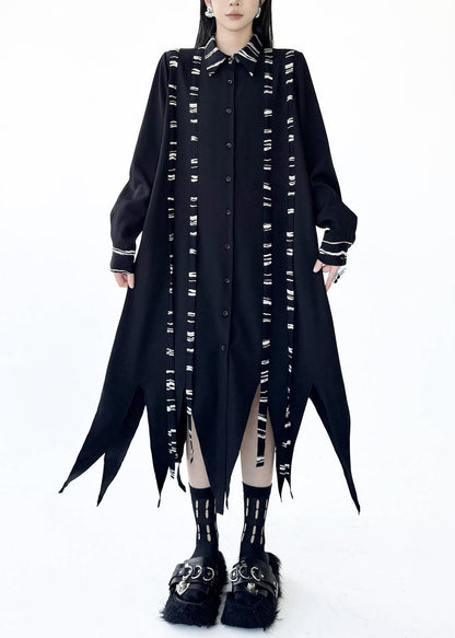 Bohemian Black Asymmetrical Print Cotton Shirt Dresses Fall