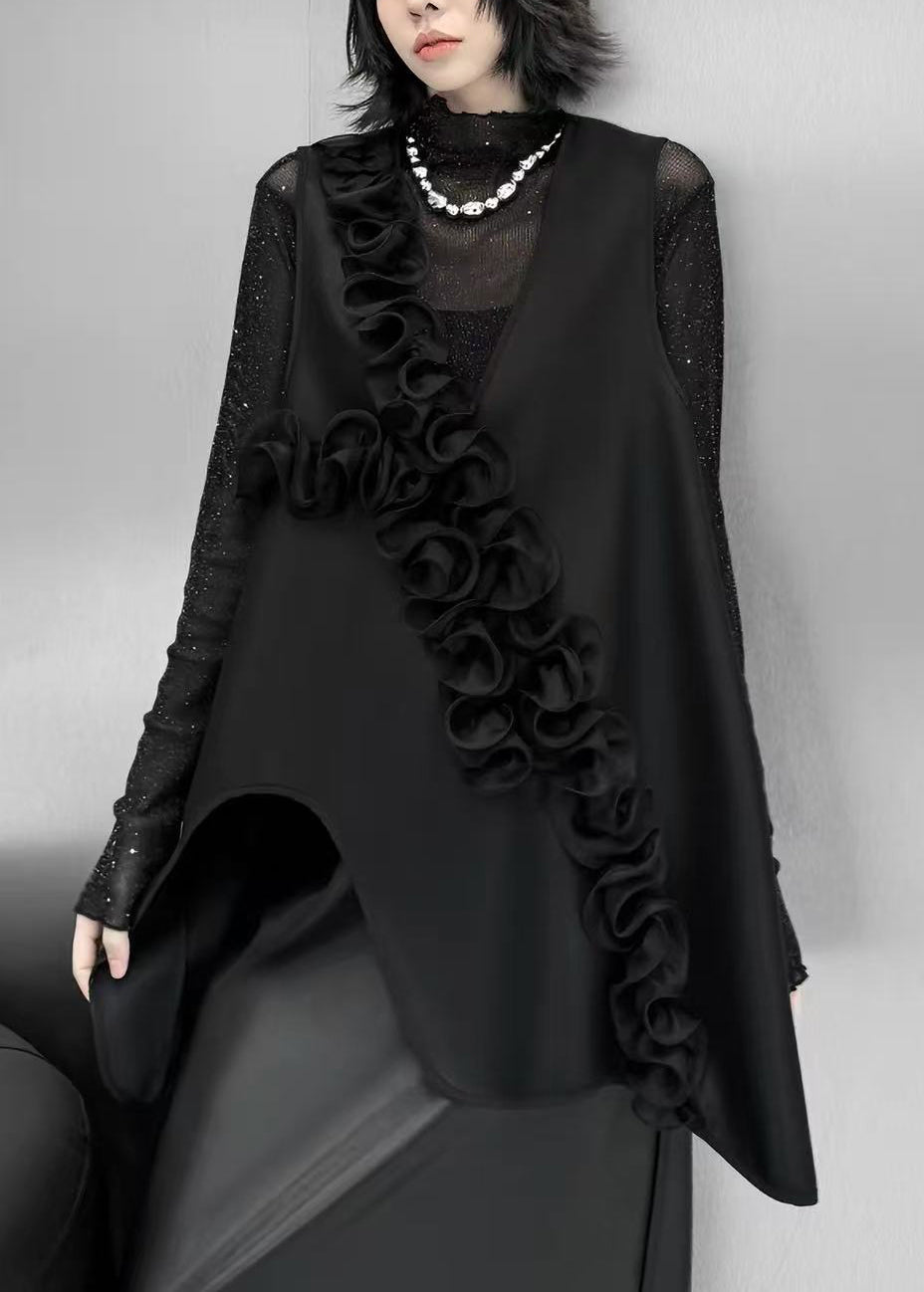 Bohemian Black Asymmetrical Stereoscopic Floral Faux Leather Waistcoat Sleeveless