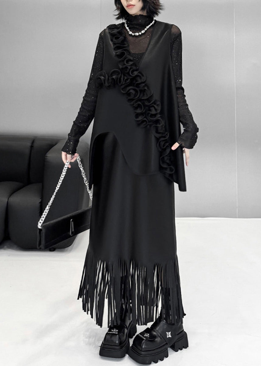 Bohemian Black Asymmetrical Stereoscopic Floral Faux Leather Waistcoat Sleeveless