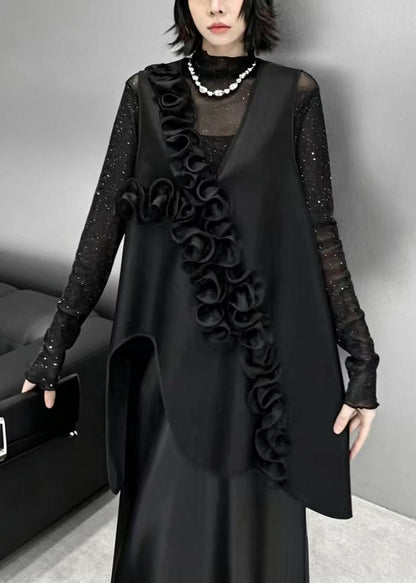 Bohemian Black Asymmetrical Stereoscopic Floral Faux Leather Waistcoat Sleeveless