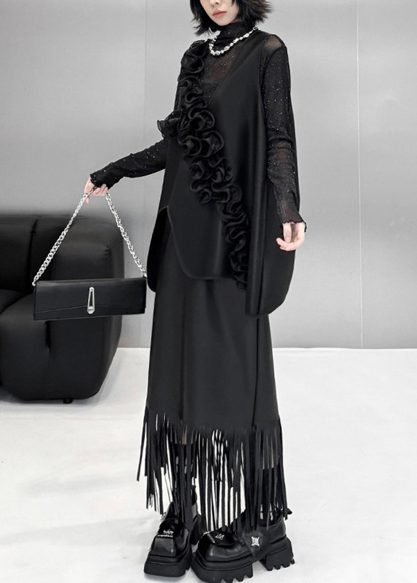 Bohemian Black Asymmetrical Stereoscopic Floral Faux Leather Waistcoat Sleeveless