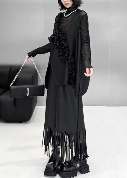 Bohemian Black Asymmetrical Stereoscopic Floral Faux Leather Waistcoat Sleeveless