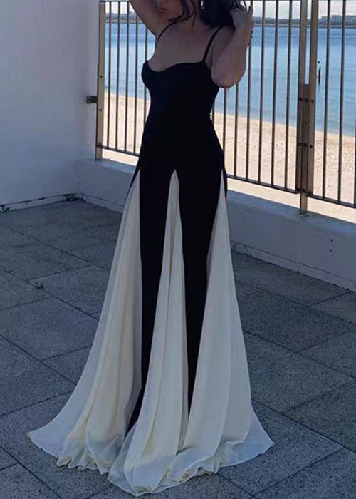 Bohemian Black Backless High Waist Patchwork Chiffon Spaghetti Strap Dress Sleeveless