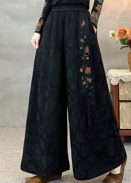 Bohemian Black Elastic Waist Pockets Jacquard Cotton Pants Fall