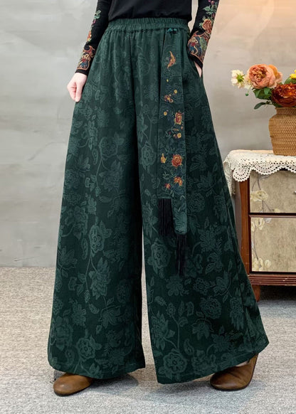 Bohemian Black Elastic Waist Pockets Jacquard Cotton Pants Fall