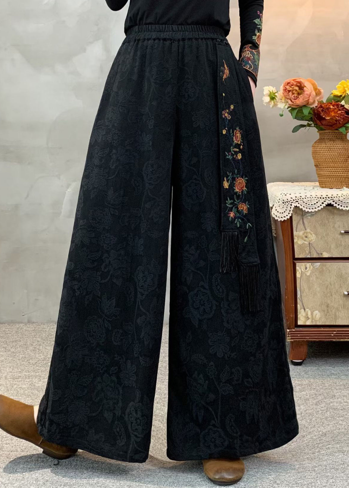 Bohemian Black Elastic Waist Pockets Jacquard Cotton Pants Fall