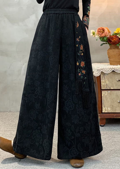 Bohemian Black Elastic Waist Pockets Jacquard Cotton Pants Fall