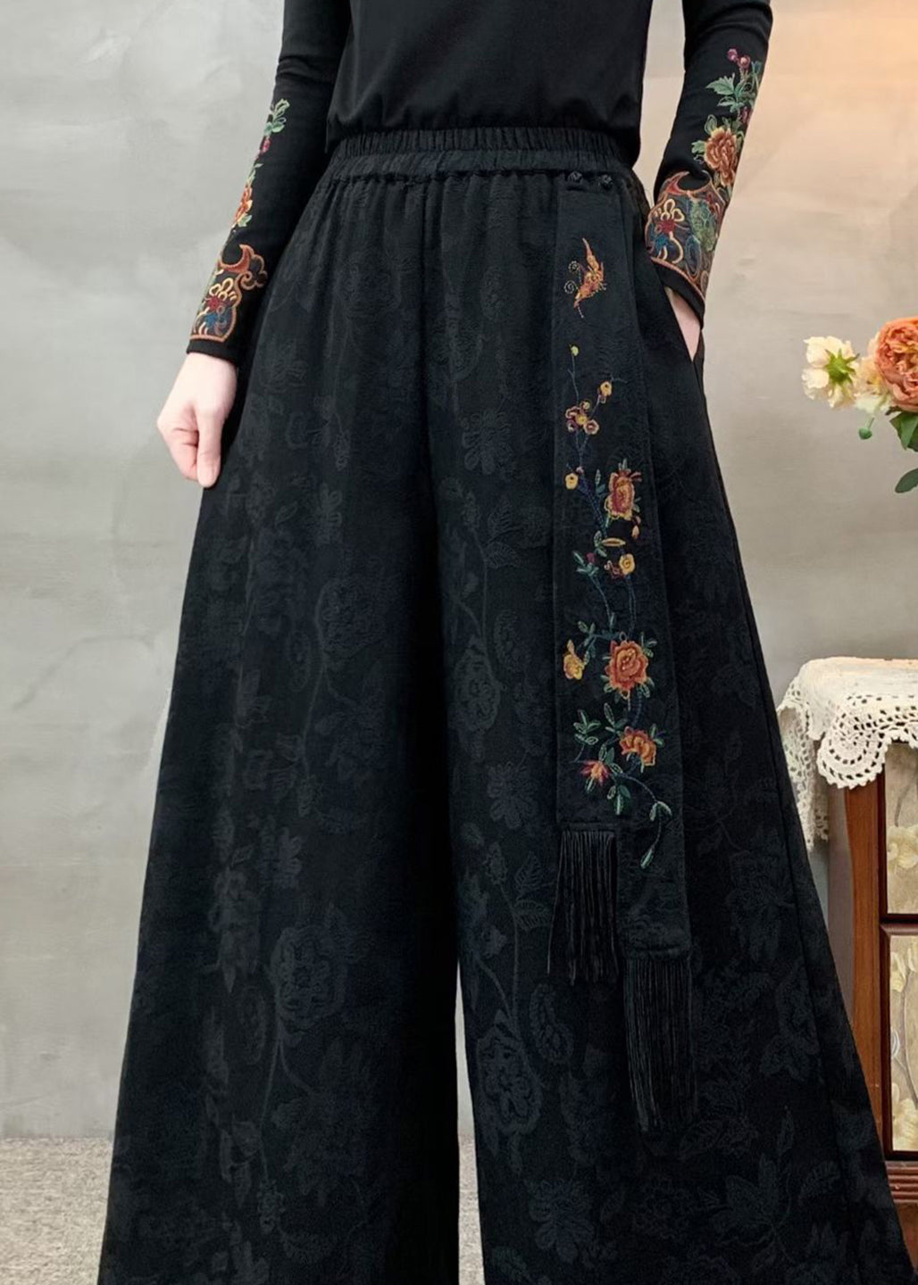 Bohemian Black Elastic Waist Pockets Jacquard Cotton Pants Fall