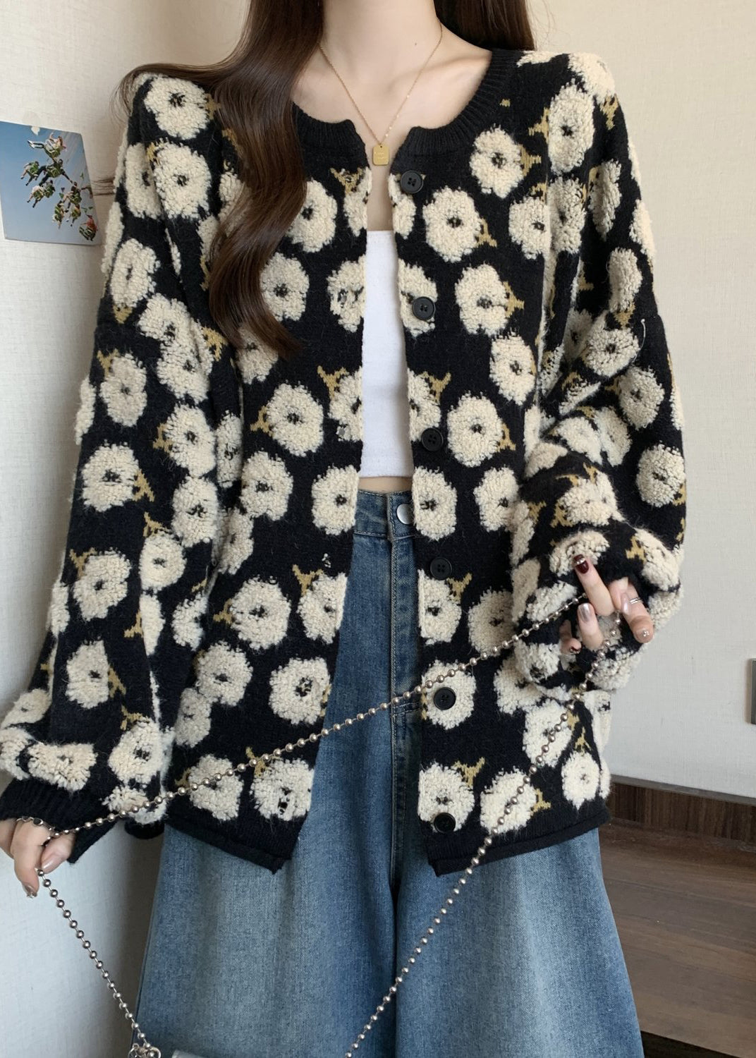 Bohemian Black Embroidered Floral Knit Loose Coat Winter