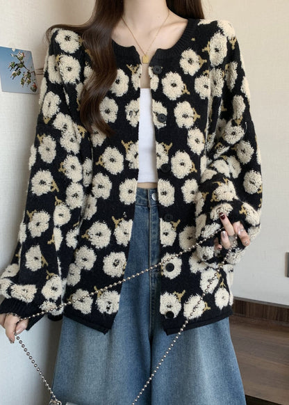 Bohemian Black Embroidered Floral Knit Loose Coat Winter