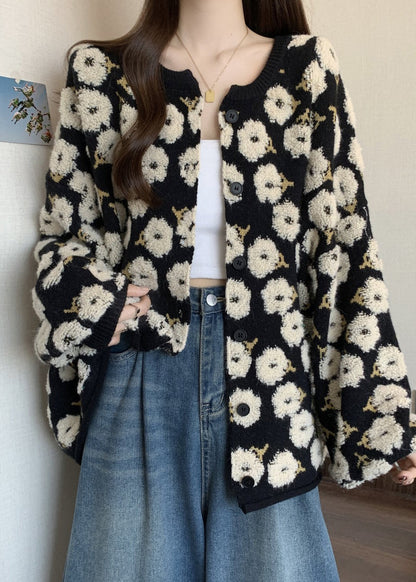 Bohemian Black Embroidered Floral Knit Loose Coat Winter
