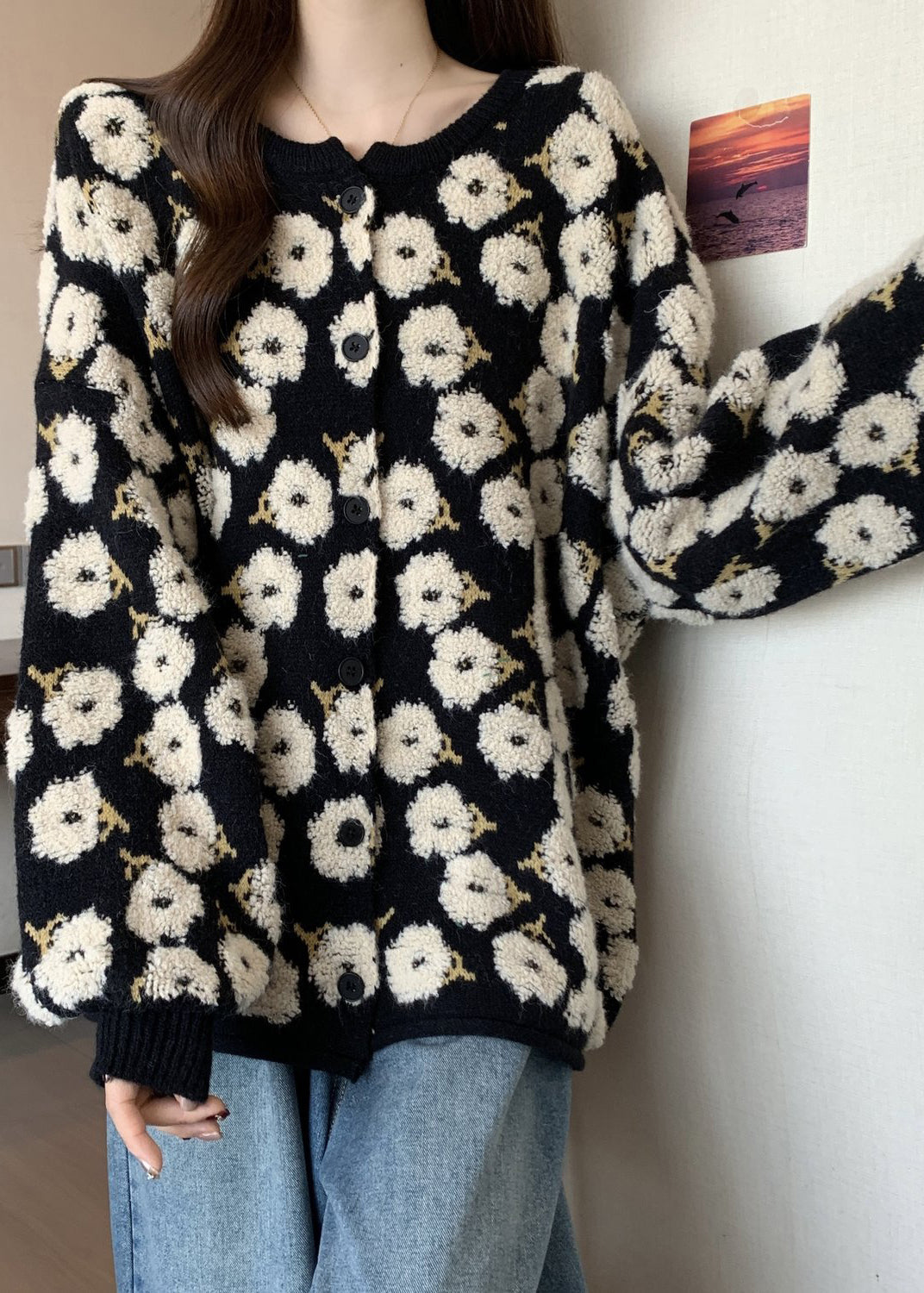 Bohemian Black Embroidered Floral Knit Loose Coat Winter