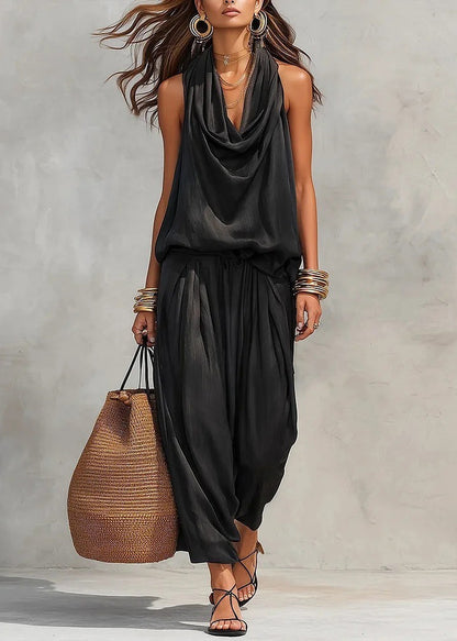 Bohemian Black Halter Patchwork Cotton Jumpsuit Sleeveless