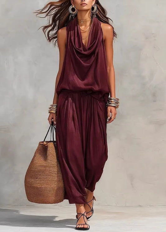 Bohemian Black Halter Patchwork Cotton Jumpsuit Sleeveless