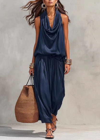 Bohemian Black Halter Patchwork Cotton Jumpsuit Sleeveless