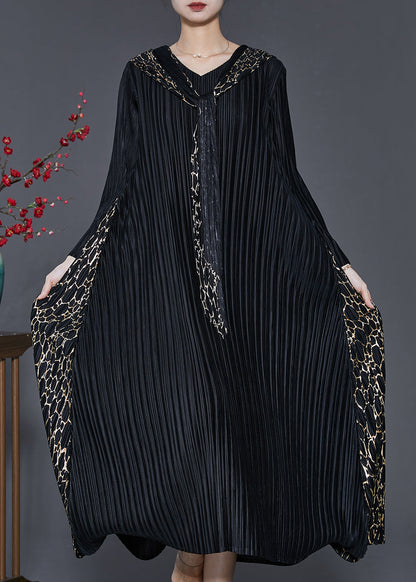 Bohemian Black Hooded Patchwork Wrinkled Maxi Dresses Spring