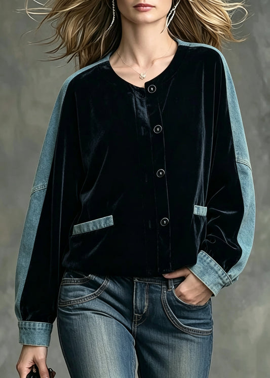Bohemian Black O-Neck Denim Patchwork Velvet Jacket Fall