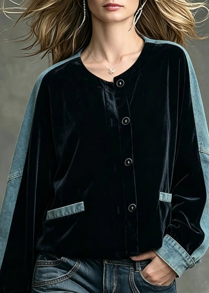 Bohemian Black O-Neck Denim Patchwork Velvet Jacket Fall