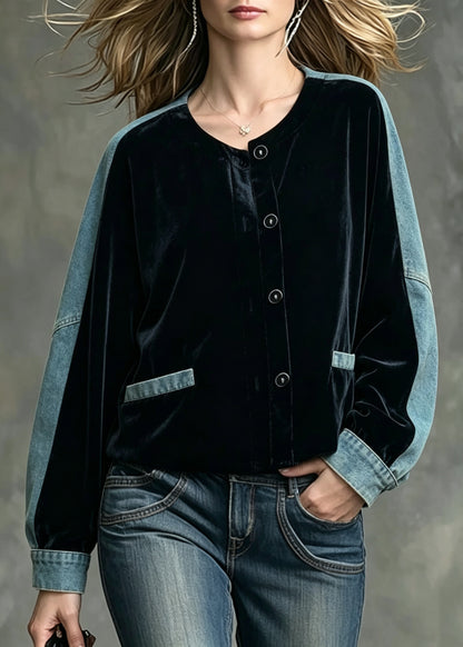 Bohemian Black O-Neck Denim Patchwork Velvet Jacket Fall