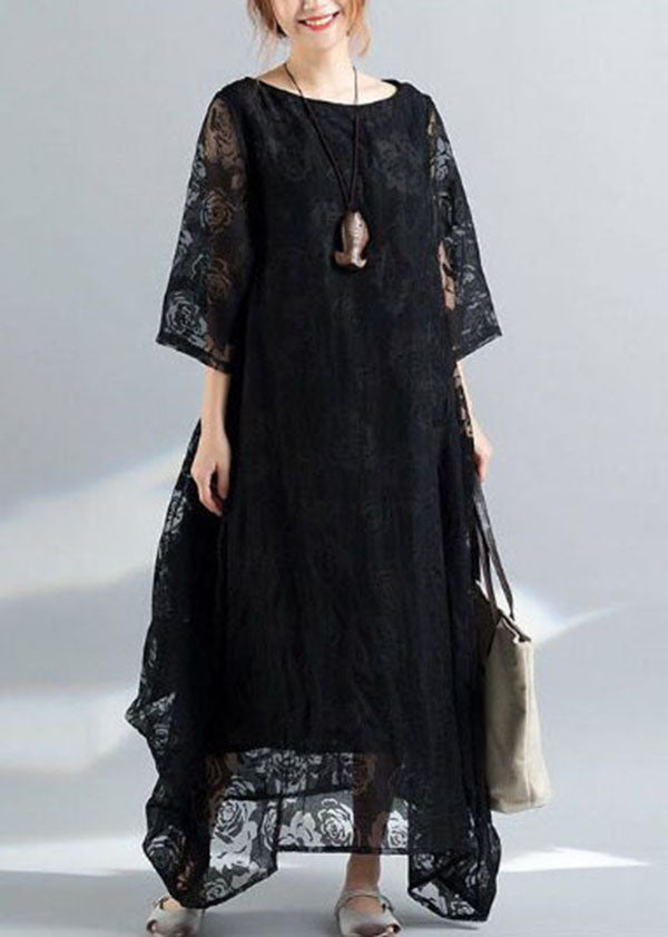 Bohemian Black O-Neck Embroideried Lace Long Dress Bracelet Sleeve
