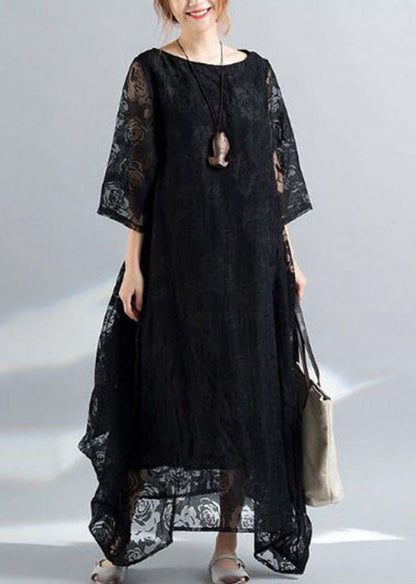 Bohemian Black O-Neck Embroideried Lace Long Dress Bracelet Sleeve