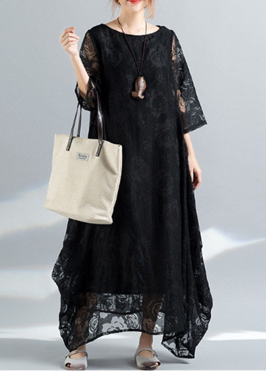 Bohemian Black O-Neck Embroideried Lace Long Dress Bracelet Sleeve