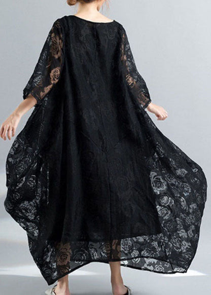 Bohemian Black O-Neck Embroideried Lace Long Dress Bracelet Sleeve