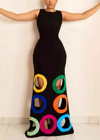 Bohemian Black O-Neck Hollow Out Maxi Dresses Sleeveless