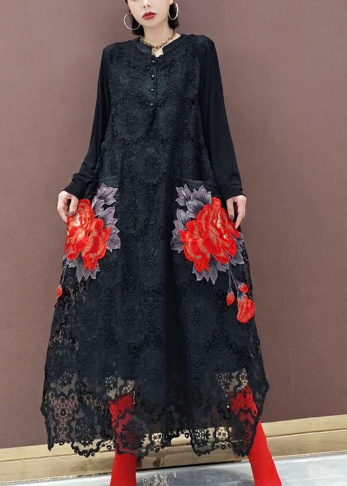 Bohemian Black O-Neck Lace Print Dress Fall - SooLinen