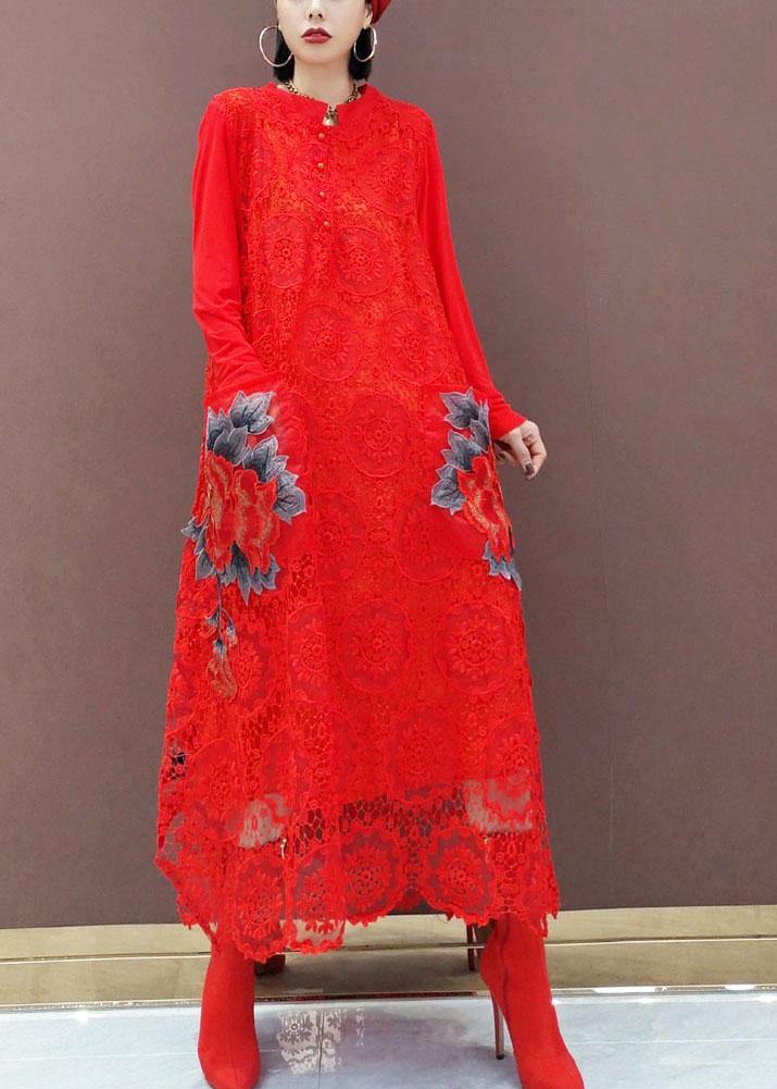 Bohemian Black O-Neck Lace Print Dress Fall - SooLinen