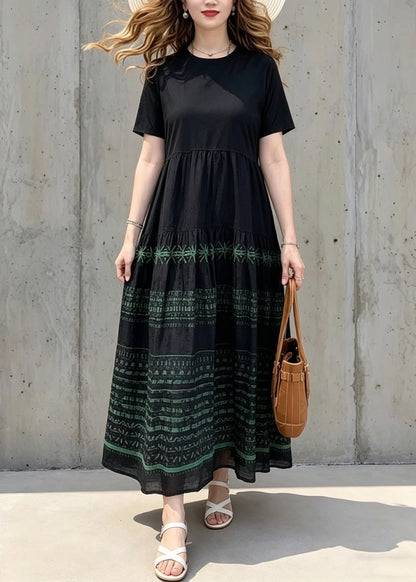 Bohemian Black O-Neck Print Wrinkled Long Dresses Summer