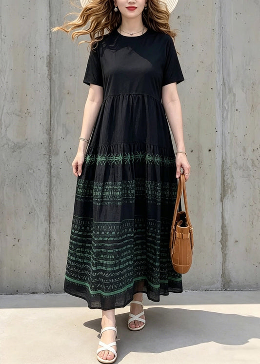 Bohemian Black O-Neck Print Wrinkled Long Dresses Summer