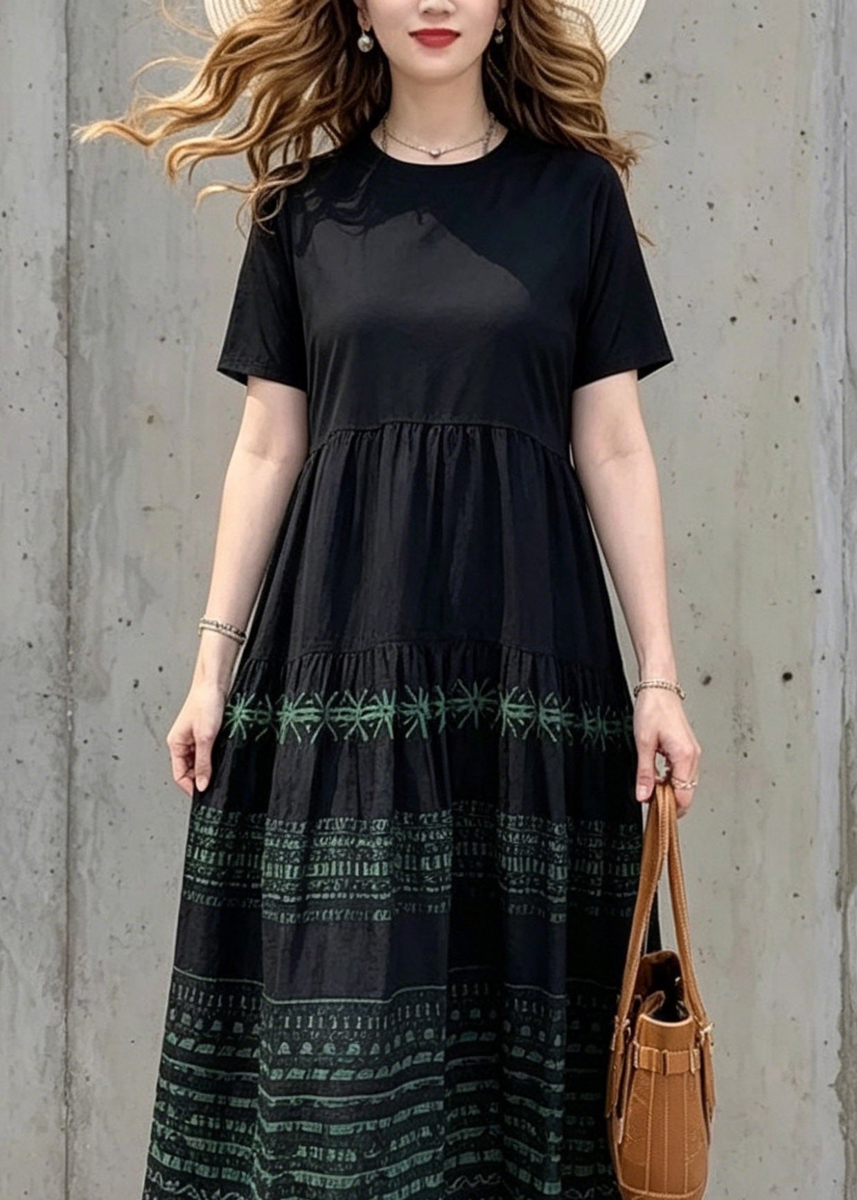 Bohemian Black O-Neck Print Wrinkled Long Dresses Summer