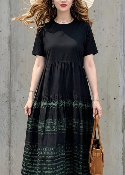 Bohemian Black O-Neck Print Wrinkled Long Dresses Summer