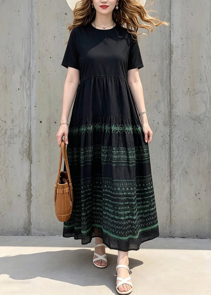 Bohemian Black O-Neck Print Wrinkled Long Dresses Summer