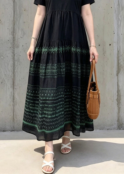 Bohemian Black O-Neck Print Wrinkled Long Dresses Summer