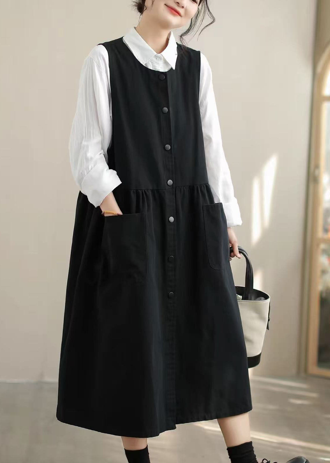 Bohemian Black Oversized Cotton Vacation Dresses Fall